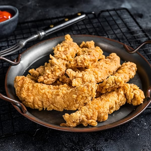 Crispy golden-brown fried fish strips on a dark metal platter with a side of red sauce.
