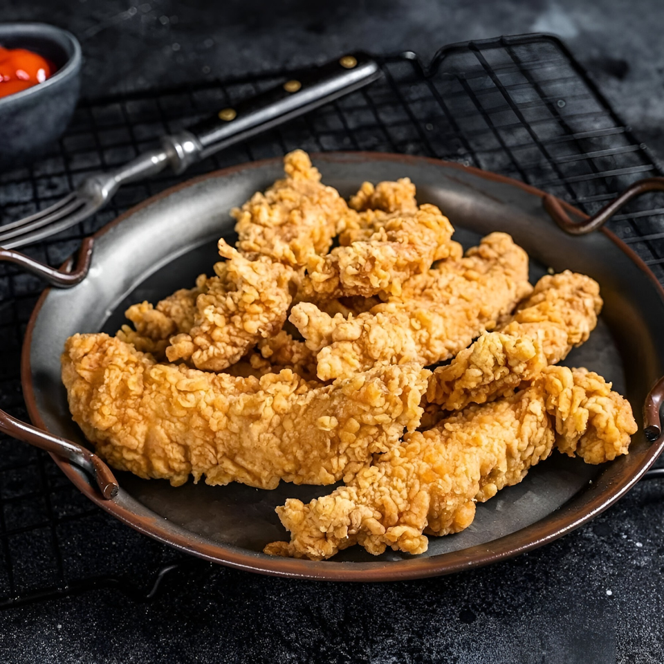 Crispy golden-brown fried fish strips on a dark metal platter with a side of red sauce.