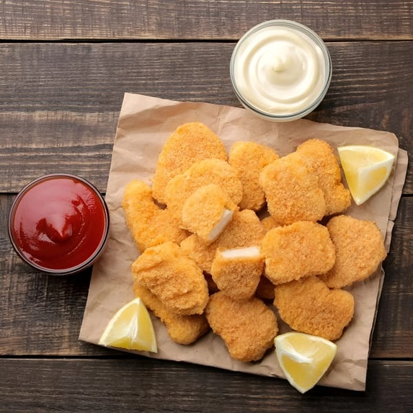 Moruss Seafood's crispy fish nuggets with lemon wedges, ketchup, and tartar sauce on a wooden table.