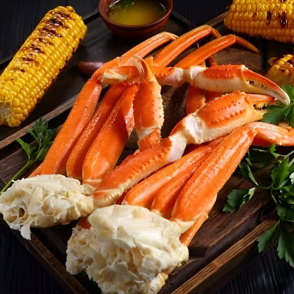 Moruss Seafood's crab legs and grilled corn on the cob with melted butter.
