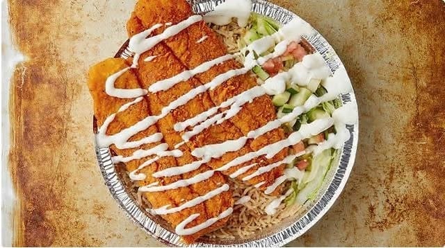 Fried Fish Over Rice Platter.